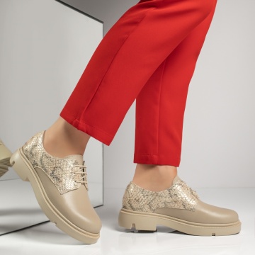 Pantofi casual dama cu siret bej cu print din Piele naturala ZEF13415, 3, zeforia.ro