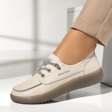Pantofi casual dama cu siret elastic bej cu gri din Piele naturala MOD13971, 2, modlet.ro