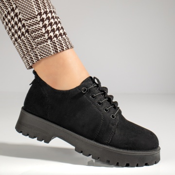 Pantofi casual dama cu siret elastic si talpa groasa negru suede ZEF12990, 4, zeforia.ro