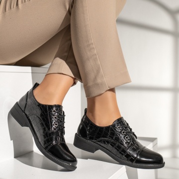 Pantofi casual dama cu siret si aspect lucios negri MOD10982, 2, modlet.ro