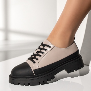 Pantofi casual dama cu siret si talpa groasa bej cu negru MOD13371, 2, modlet.ro