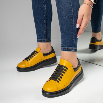 Pantofi casual dama galbeni cu siret din Piele naturala MOD03628, 3, modlet.ro