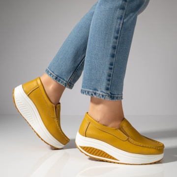 Pantofi casual dama galbeni cu talpa groasa din Piele natural MOD03867, 3, modlet.ro