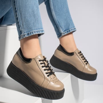 Pantofi casual dama khaki cu talpa groasa din Piele naturala ZEF12740, 4, zeforia.ro