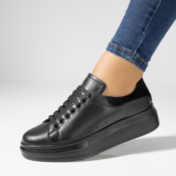 Pantofi casual dama negri cu siret din Piele naturala MOD03628