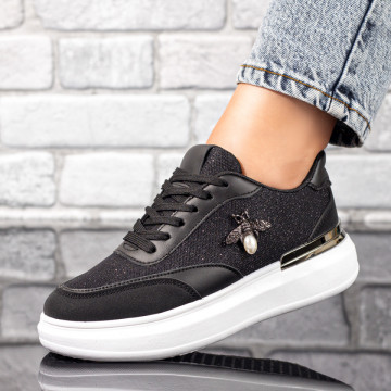 Pantofi casual dama negri cu talpa groasa si accesoriu decorativ MOD09932, 1, modlet.ro
