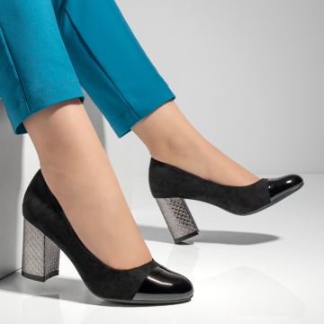 Pantofi cu toc dama negru suede si varf lacuit MOD05775, 3, modlet.ro