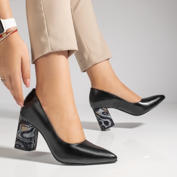 Pantofi cu toc dama si print negri din Piele naturala MOD12047, 3, modlet.ro