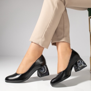 Pantofi cu toc gros dama negri si imprimeu din Piele naturala MOD12048, 2, modlet.ro