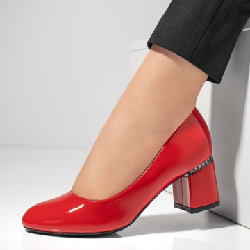 Pantofi cu toc gros dama, Pantofi cu toc gros dama rosii cu aspect lucios INA3, modlet.ro