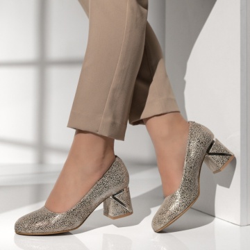 Pantofi cu toc, Pantofi cu toc gros dama si print bej ANA11, modlet.ro
