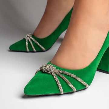 Pantofi cu toc gros si strasuri aplicate verde suede MOD10990, 2, modlet.ro