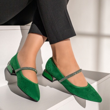 Pantofi cu toc mic si strasuri verde suede ZEF12118, 4, zeforia.ro