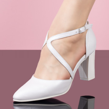 Pantofi dama albi cu toc si barete din Piele naturala MOD08081, 1, modlet.ro