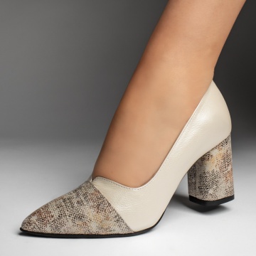 Pantofi dama cu toc gros bej cu imprimeu din Piele naturala MOD13133, 4, modlet.ro