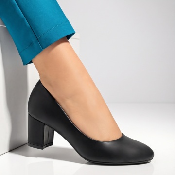 Pantofi dama cu toc gros negri din satin INA26, 3, modlet.ro