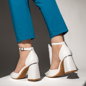 Pantofi dama cu toc gros si bareta albi MOD13101, 2, modlet.ro
