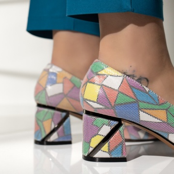 Pantofi dama cu toc gros si imprimeu multicolor ANA11, 3, modlet.ro