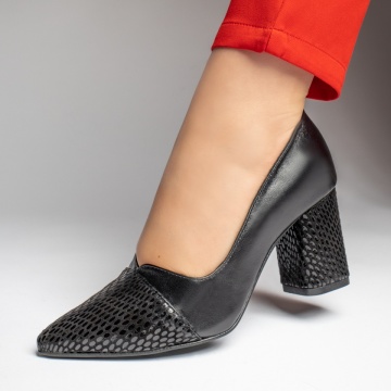 Pantofi dama cu toc gros si imprimeu negri din Piele naturala MOD13133, 3, modlet.ro