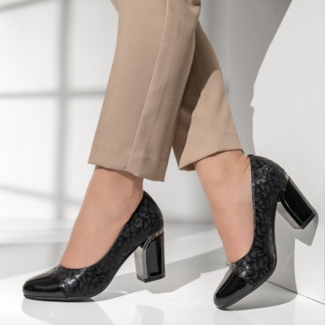 Pantofi cu toc, Pantofi dama cu toc gros si imprimeu negri MOD14190, modlet.ro
