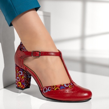 Pantofi dama cu toc gros si imprimeu rosii din Piele naturala MOD13078, 3, modlet.ro