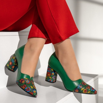 Pantofi dama cu toc gros si model floral verzi din Piele naturala ZEF13133, 3, zeforia.ro