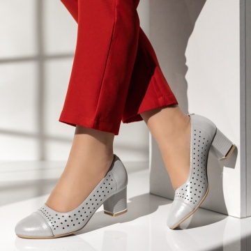 Pantofi dama cu toc gros si perforatii argintii MOD14238, 2, modlet.ro
