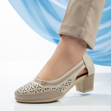Pantofi dama cu toc gros si perforatii bej MOD13340, 4, modlet.ro