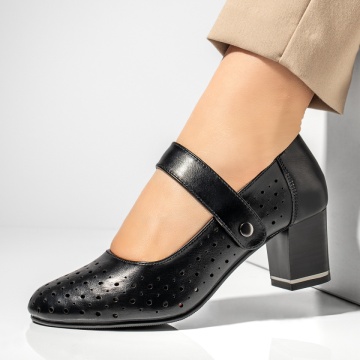 Pantofi dama cu toc gros si perforatii negri ANA74, 2, modlet.ro