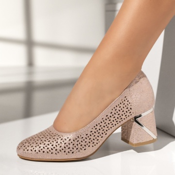 Pantofi dama cu toc gros si perforatii roz MOD13693, 2, modlet.ro