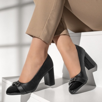 Pantofi dama cu toc gros si varf lucios negri MOD13003, 2, modlet.ro