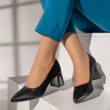 Pantofi dama cu toc si imprimeu negri MOD12130, 3, modlet.ro