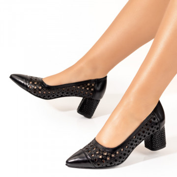 Pantofi dama cu toc si perforatii negri din Piele naturala MOD10233, 3, modlet.ro