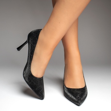 Pantofi dama cu toc subtire si print negri MOD13700, 2, modlet.ro