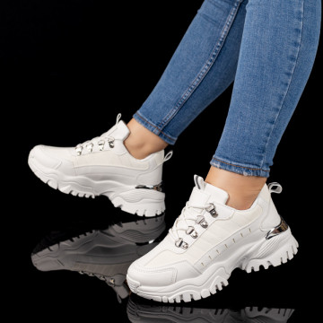 Pantofi dama sport cu siret si talpa groasa albi cu argintiu MOD09790, 3, modlet.ro