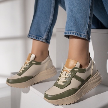 Pantofi sport dama cu siret bej cu verde din Piele naturala MOD12092, 2, modlet.ro