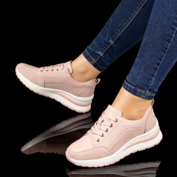 Pantofi sport dama cu siret roz suede din Piele naturala MOD10270, 3, modlet.ro