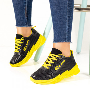 Pantofi sport dama cu siret si talpa groasa negri cu galben MOD10169, 3, modlet.ro