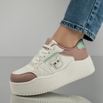 Pantofi sport dama cu talpa groasa alb cu roz MOD12997, 2, modlet.ro