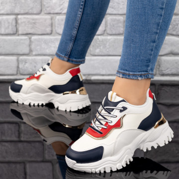 Pantofi sport dama cu talpa groasa albi cu rosu si albastru MOD09791, 1, modlet.ro