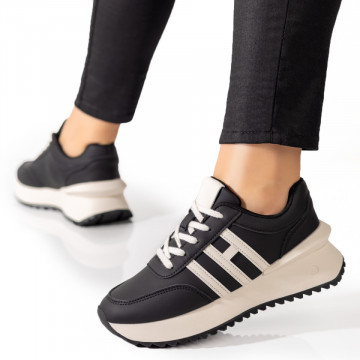 Pantofi sport dama cu talpa groasa negri cu bej MOD09694, 3, modlet.ro