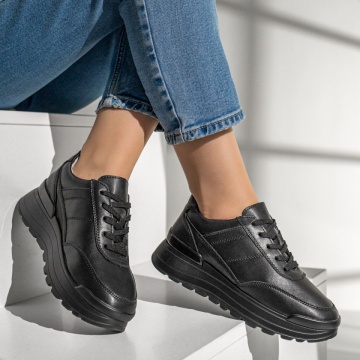 Pantofi sport dama cu talpa groasa negri din Piele naturala MOD12975, 4, modlet.ro