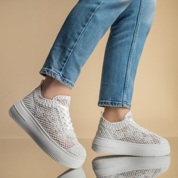 Pantofi sport dama cu talpa groasa si perforatii albi MOD13087, 3, modlet.ro