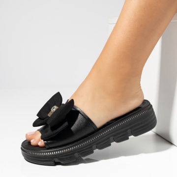 Reduceri papuci si slapi dama, Papuci casual dama cu talpa groasa si accesoriu decorativ negri EVA56, modlet.ro