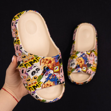 Papuci dama bej cu print MOD08477, 1, modlet.ro