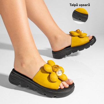 Papuci dama cu talpa groasa si model floral galbeni MOD11434, 3, modlet.ro