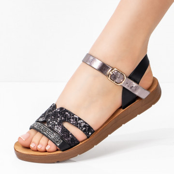 Sandale cu talpa joasa dama negre si aplicatie cu pietre MOD08236, 3, modlet.ro