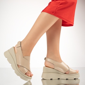 Sandale dama cu platforma bej inchis din Piele naturala MOD13279, 4, modlet.ro