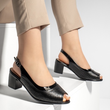 Sandale dama cu toc gros si perforatii negre MOD13347, 4, modlet.ro
