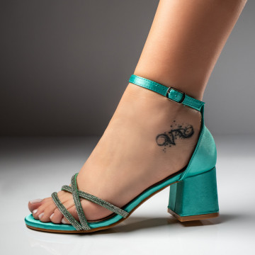 Sandale dama cu toc si aplicatie cu pietre verzi din satin MOD08792, 3, modlet.ro